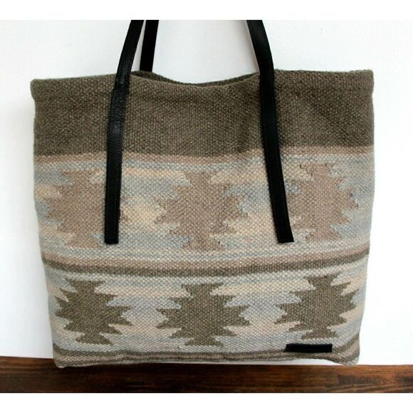 XL MURKA BLACK GENUINE LEATHER NATIVE WOOL RUG TAPESTRY BOHO SHOULDER BAG TOTE - Picture 4 of 7